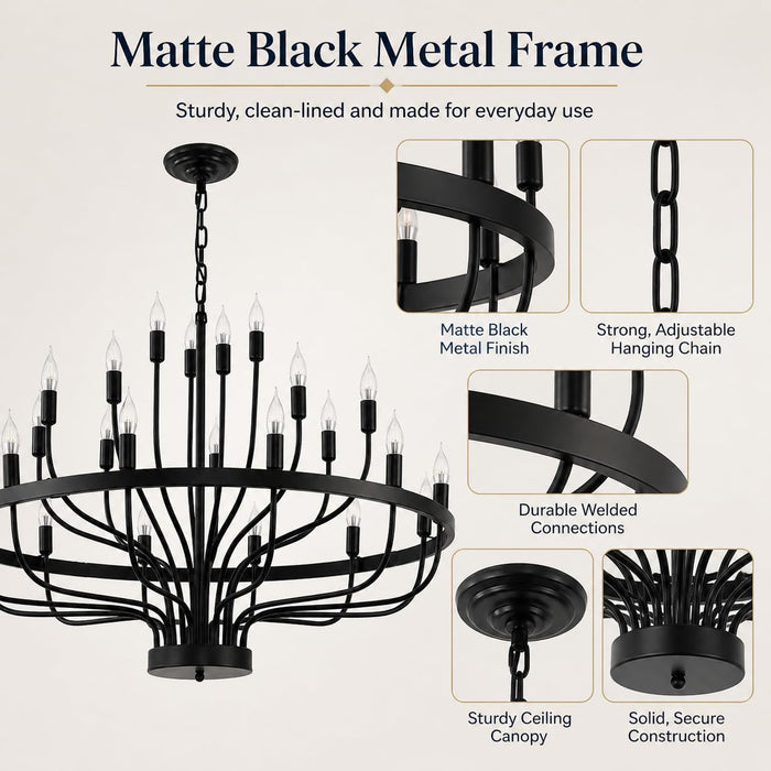 Large Black Chandelier 24-Light, round 39 in Wagon Wheel Light | 3-Tier Farmhouse Candle Pendant with E12 Base for Dining Room, Foyer, Living Room, Hallway, High Ceiling
