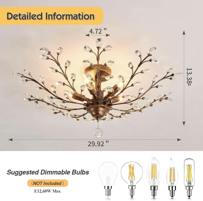 5 - Light Vintage Crystal Chandelier Modern Bronze Branche Ceiling Light Fixture Farmhouse for Kitchen Dining Room Living Room Bedroom Hallway Foyer