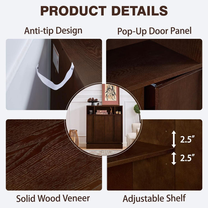Wooden Sideboard Buffet Cabinet with Open Storage & Adjustable Shelves,Farmhouse Narrow Entryway Cabinet with Socket Hole & Anti‑Tip Kit,Slim Accent Cabinet for Small Spaces (Walnut 31.7")