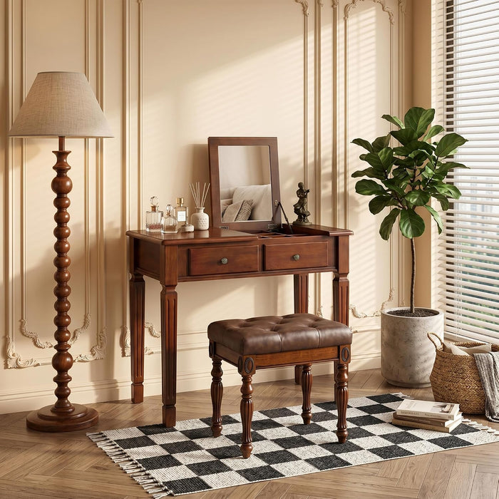 DarkCherryVanity SolidWood DeskWithFlipTop MirrorStorage