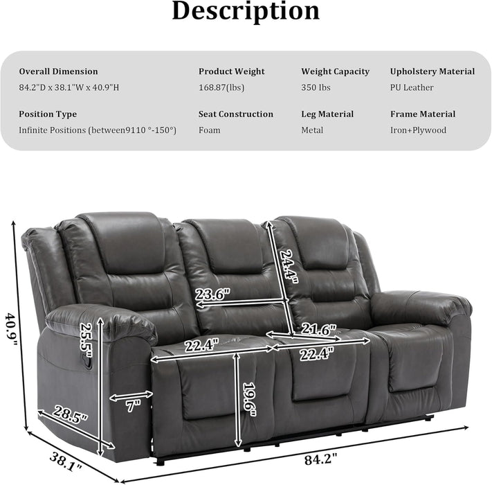 Leather Reclining Sofa Set,Home Theater Seating with Center Console,Flipped Middle Backrest,3 Seater for Living Room,Office,Home Theater,Rv (Grey)