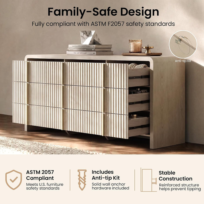 Fluted 9 Drawer Dresser for Bedroom, 64.2" Wide White Chest of Drawers, Modern Wood Storage Cabinet with Metal Handles, Anti-Tip Clothes Organizer, Grey