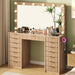 15 Drawers Fluted Vanity Desk with Glass Top, 47" Makeup Vanity with Large Mirror and 12 LED Lights, Dressing Table with Power Outlet for Bedroom, Natural