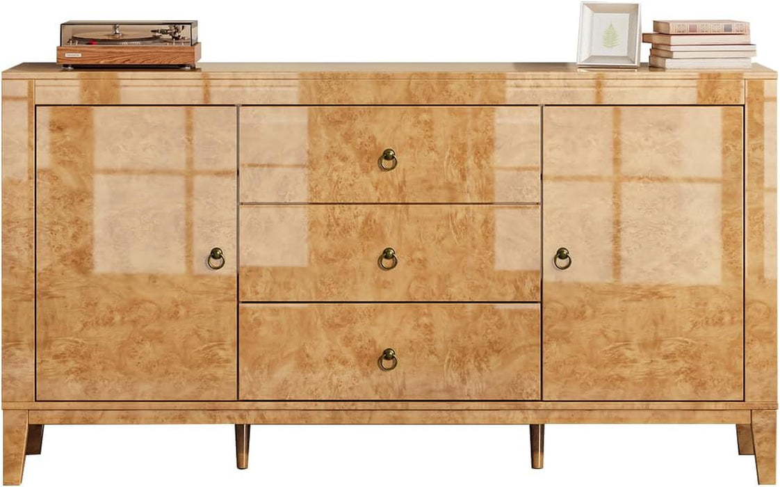 60" Glossy Burl Wood Sideboard Buffet with Storage | Mid-Century Modern Style, Buffet Cabinet with 3 Drawers & 2 Closed Storage for Dining Room, Living Room, Blond Burl
