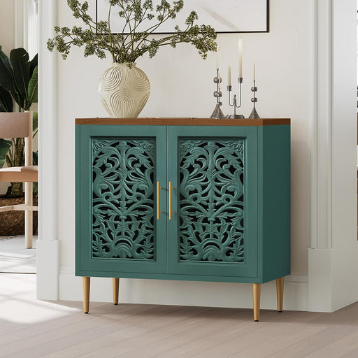 Accent Cabinet with 2 Doors, Vintage Hollow Carving Buffet Cabinet, Sideboards and Buffets with Storage, Credenza for Living Room, Kitchen, Dining Room, Entryway, Hallway, Green