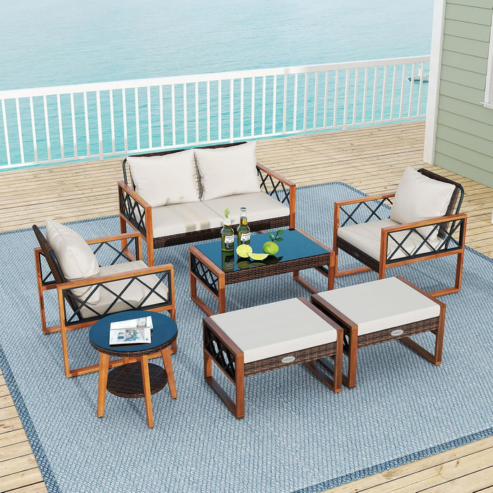 7 Pieces Patio Furniture Conversation Set, Wicker Acacia Wood Outdoor Cushioned Chairs Set with Ottomans, and 2 Tables, for Garden, Deck and Backyard