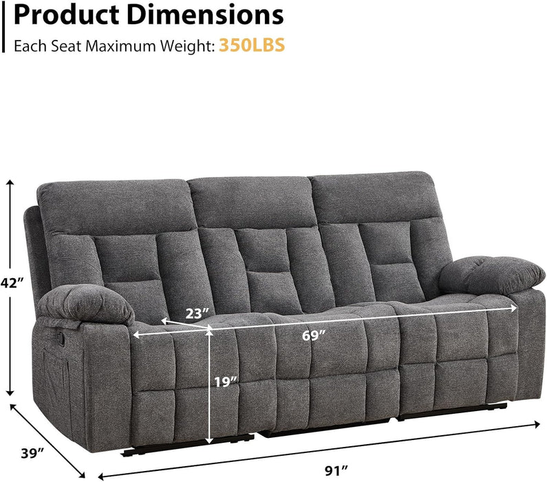 Reclining Sofa for Living Room, Extra Wide Modern Overstuffed 3 Seat Recliner Manual Sofa with Hidden Armrest Cup Holders, Soft Breathable Fabric and Padded Seat, Light Grey