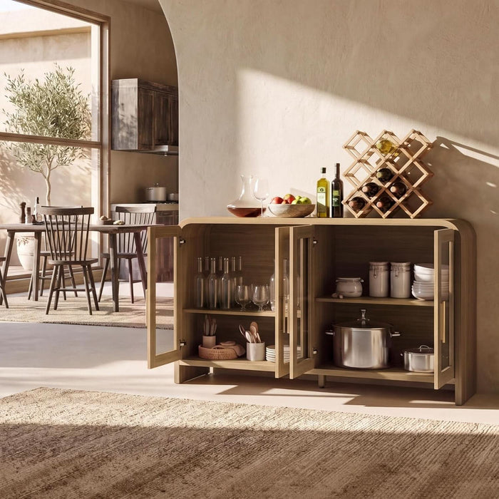 60" Modern Buffet Cabinet with Storage, Curved 4-Door Sideboard