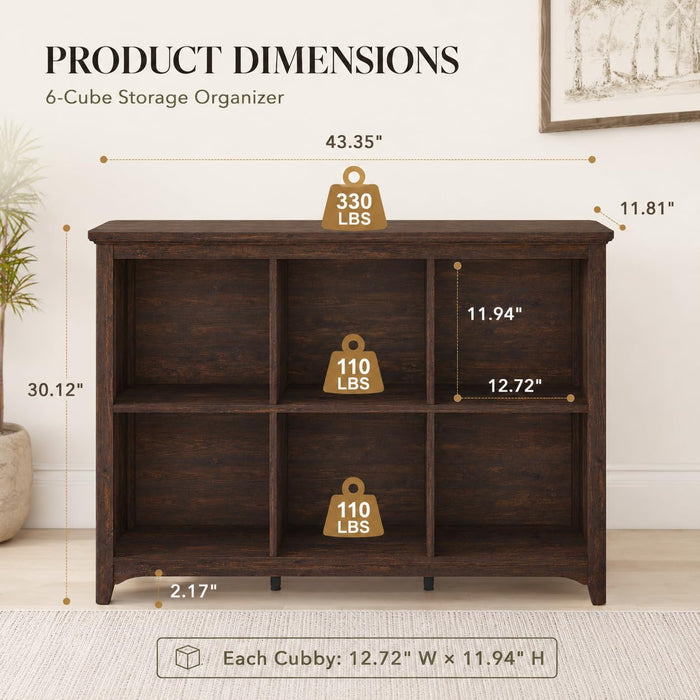 6 Cube Storage Bookshelf, Wood Wulnut Horizontal Bookcase, Rounded Corners | Low Wooden Cubby Organizer Book Shelf for Living Room/ Bedroom/ Office/ Hallways/ Apartments, Brown Cherry, 43" Space Saving