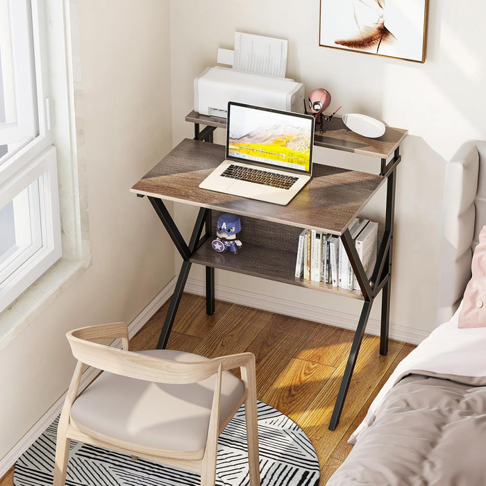 Small Desk, 27.5 Inch Small Computer Desk for Small Spaces, Compact Desk with Storage, Tiny Desk Study Desk with Monitor Stand for Home Office, Grey