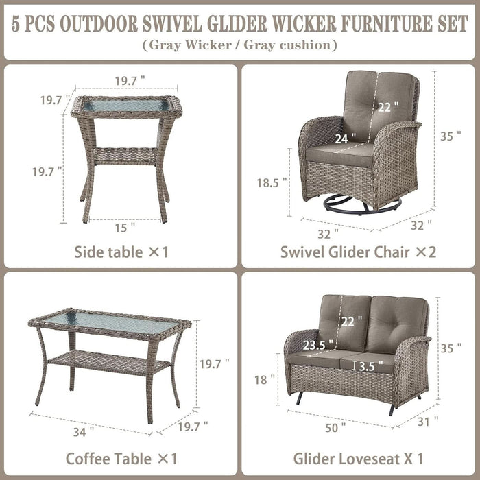 5 Piece Outdoor Patio Furniture Set with Deep Seating Swivel Rocker Chairs Loveseat and Rattan Coffee Table Outdoor Conversation Sets for Deck Backyard Poolside,Gray Wicker Gray Cushion