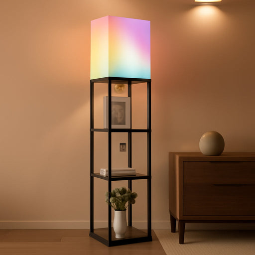 Floor Lamp with Shelves, Smart APP Control Standing Lamps with RGB Bulb, 4-Tier Dimmable Floor Lamps for Living Room, Tall Lamp for Bedroom, Office, Corner Display Bookshelf Lamp