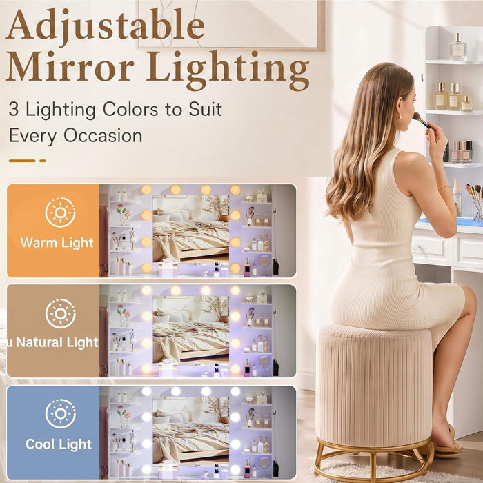 Vanity Desk With GlassTop Illuminated Mirror Drawers