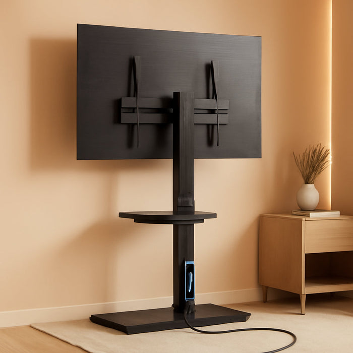 Floor TV Stand with Power Outlet& Shelf, Universal TV Stand Mount for 27-65 Inch TV up to 88Lbs, 70 Degree Swivel 9 Level Height Adjustable with Tempered Glass Base for Bedroom, Office Black