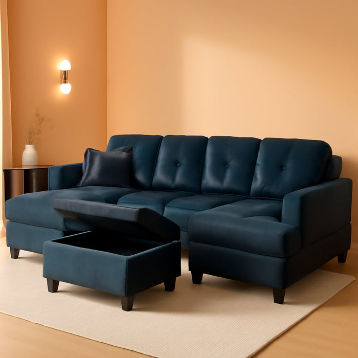 L-Shaped 3-Piece Lint and PVC Sofa with Storage Ottoman Set, Sectional Couch Sofa Set for Living Room, Office, Small Space, Dark Blue and Brown