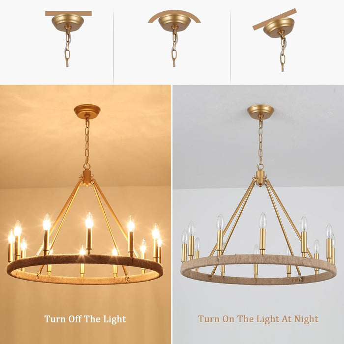 26" Gold Wagon Wheel Chandelier, 12-Light Farmhouse Chandelier for Dining Room, Gold Pendant Light Fixture for High Ceiling Living Room Foyer Entryway