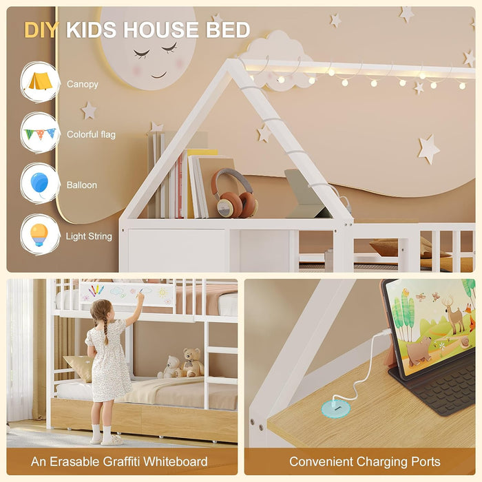 Bunk Bed Twin over Twin with Storage Drawers and Globe String Lights House Shaped Low Bunk Bed with Montessori Bookshelves Metal Bunk Beds for Kids with Ladder and Guardrail,Space Saving,White