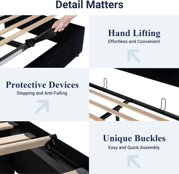 King Size Velvet Lift up Storage Bed, Modern Wingback Headboard, Hydraulic Support, No Box Spring Needed, Black