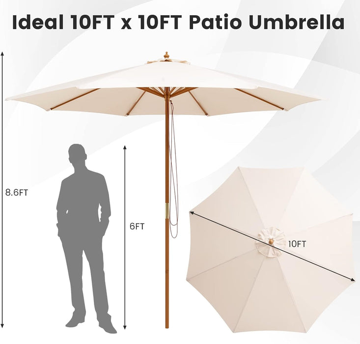 10FT Patio Umbrella, Outdoor Table Market Umbrella W/8 Wooden Ribs, 3 Adjustable Heights, Rope Pulley System, Detachable Pole, Wooden Patio Umbrella for Garden, Poolside, Backyard (Beige)