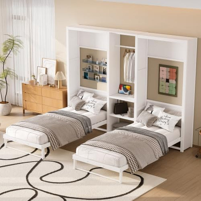 Twin Size Metal Murphy Bed with Wardrobe and Shelves, 2 in 1 Foldable Wall Bed with Power Outlets, Space-Saving Design (Pure White)