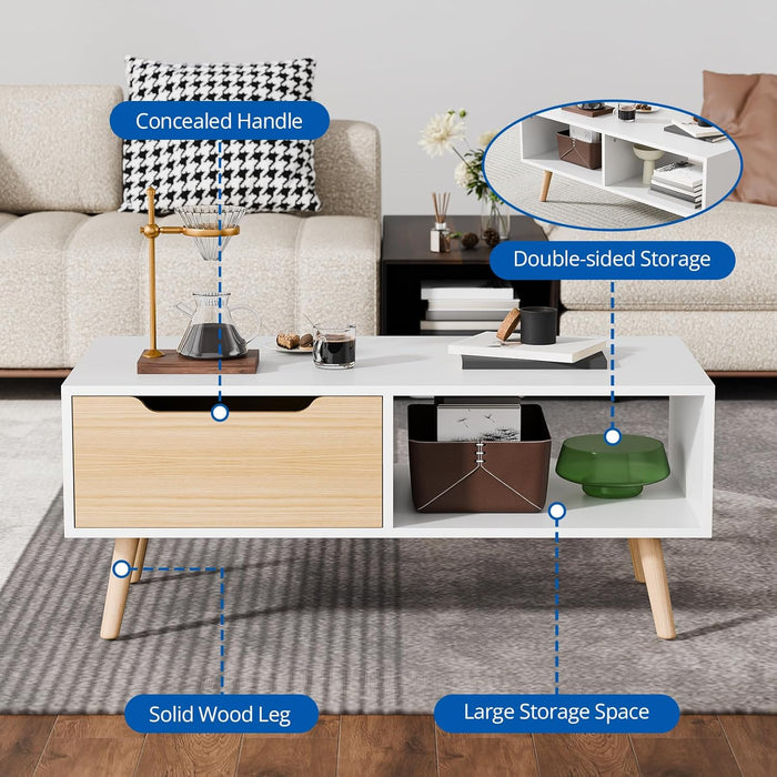 Modern Coffee Table, Wooden Cocktail Table with Storage, Minimalist Hallway Table, Mid Century Modern Coffee Table for Living Room Apartment Reception, White