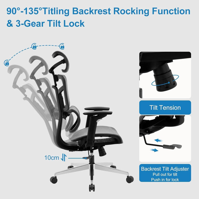 Ergonomic Office Chair, High Back Mesh Home Office Desk Chair with Adjustable Backrest & Lumbar & Wide Cushion, Big Tall Computer Task Chair with Adjustable Armrests & 90°-135° Tlit