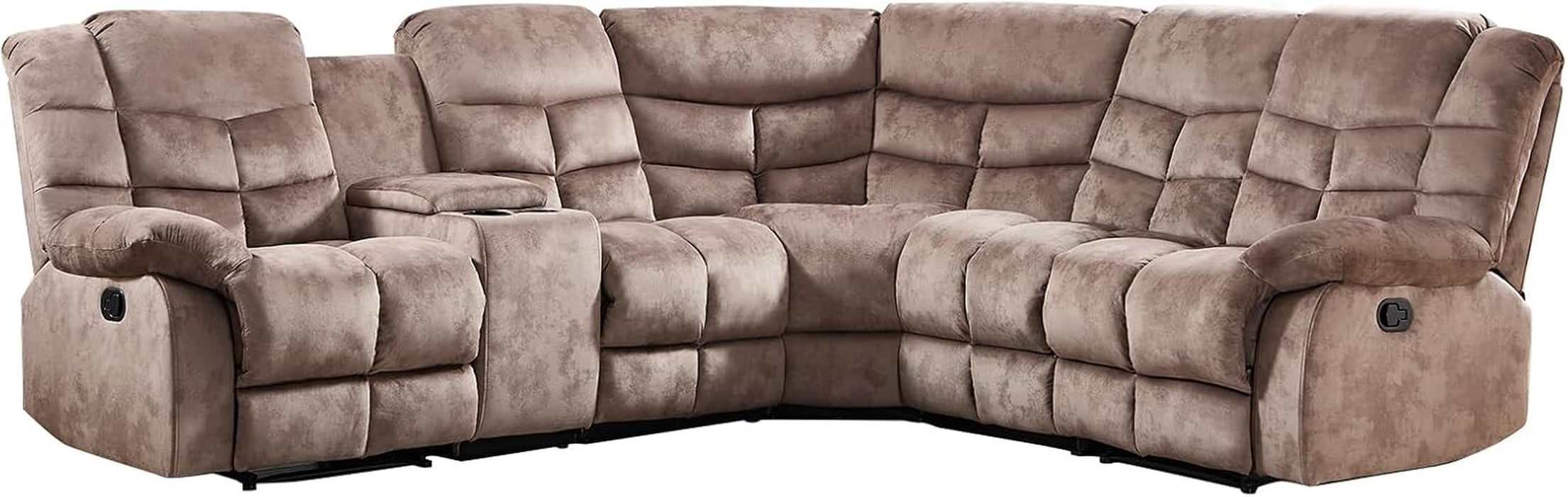 Manual Reclining Sectional Sofa Set for Living Room, Soft Fabric Recliner Corner Sectional Couch with Center Console, Cup Holder and Storage, Brown
