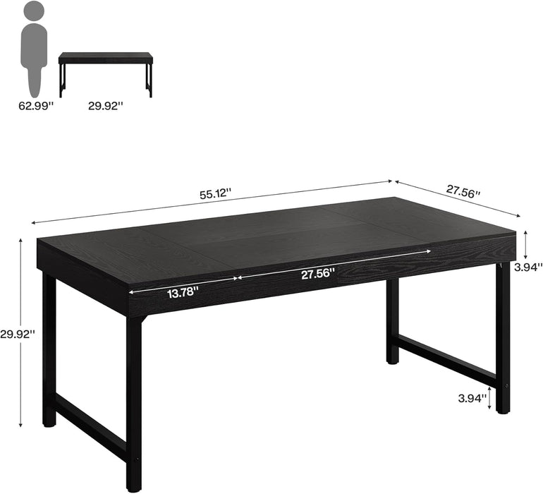 55" Industrial Executive Desk for Home Office, Rustic Simple Computer Laptop Desk with Strong Metal Legs, Study Writing Table Business Workstation, Small Conference Table Black