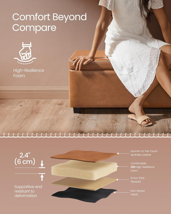 EKHO Collection - Storage Ottoman Bench, Entryway Bedroom Bench, 25 Gallons, Synthetic Leather with Stitching, Mid-Century Modern, Safety Hinges, Loads 660 Lb, Caramel Brown ULOM075K01