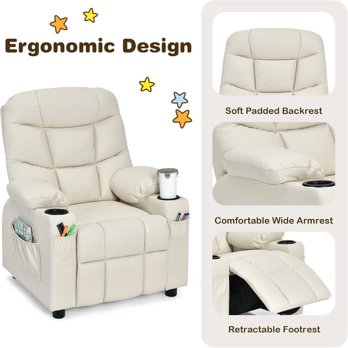 Kids Recliner Chair with Cup Holder, Adjustable Lounge Chair W/Footrest & Side Pockets for Children Boys Girls Room, Ergonomic Toddler Furniture Sofa, Kids Recliner (Beige)