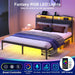 Queen Bed Frame with LED Lights & Charging Station, Metal Platform Bed Frame with 2 Tier Storage Headboard, under Bed Storage, No Box Spring Needed, Noise Free, Easy Assembly