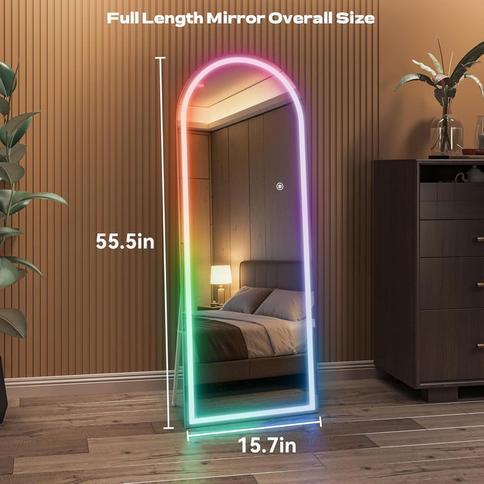 Arch Full Length Mirror 55.5 X 15.7 in with Stand — Arch LED RGB Full Body Mirror, 7 Lighting Modes, Dimmable Touch Controls, Adjustable Tilt, White Frame for Bedroom Dressing Room