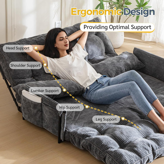 Adjustable Floor Sofa Couch with 2 Pillows, Multi-Functional Bean Bag Bed, 5-Position Foldable Lazy Sofa Sleeper Bed with Armrest, Versatile Floor Seating for Reading, Dark Grey, Double