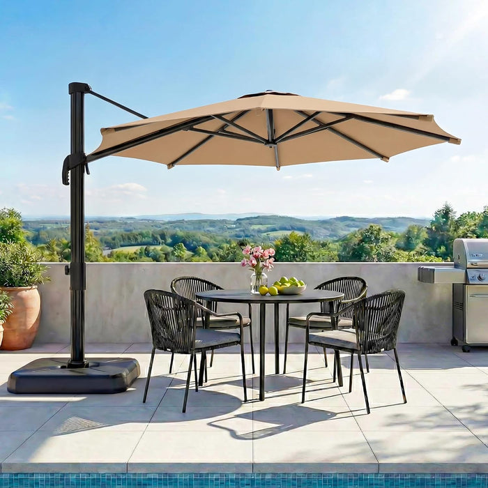 10FT Cantilever Patio Umbrella, 360° Rotation Offset Outdoor Umbrella with Aluminum Frame, Square Umbrella with Tilt for Backyard, Pool, Deck, Garden(Round Khaki)