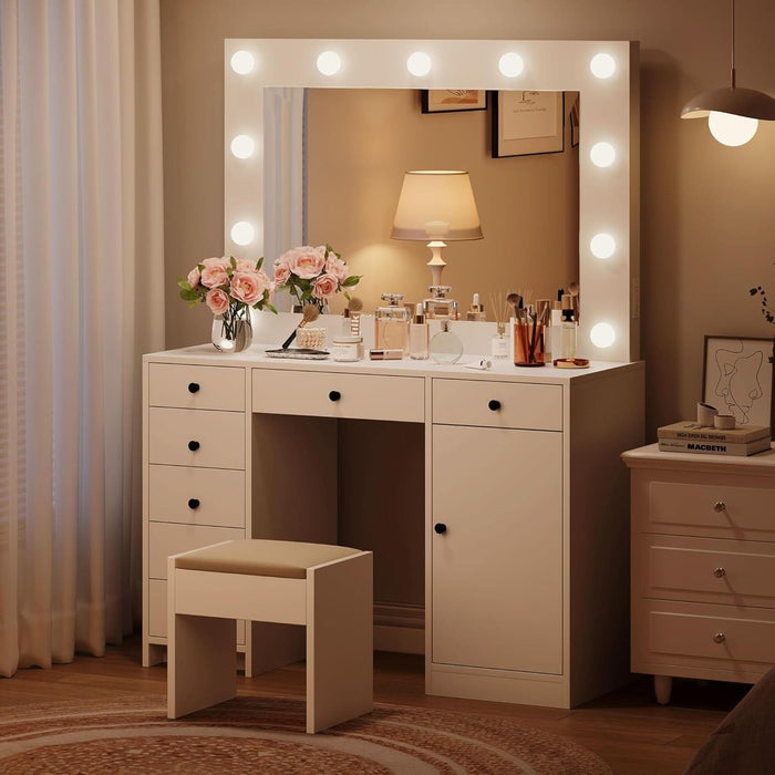 White Vanity Desk with Mirror and Light, Makeup Vanity Table with Charging Station, 7 Storage Drawers, 1 Cabinet, 3 Color Lighting Modes, Modern Wooden Dressing Table for Bedroom