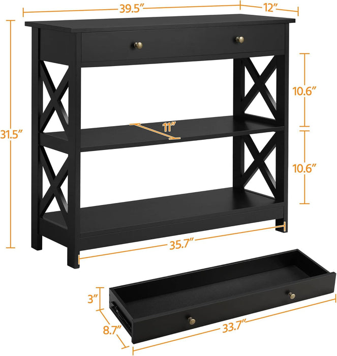 Console Table with Drawer, 39.5 Inch Narrow Sofa Table with Storage Shelves, 3-Tier Wood Entryway Table for Hallway/Living Room/Foyer, Black