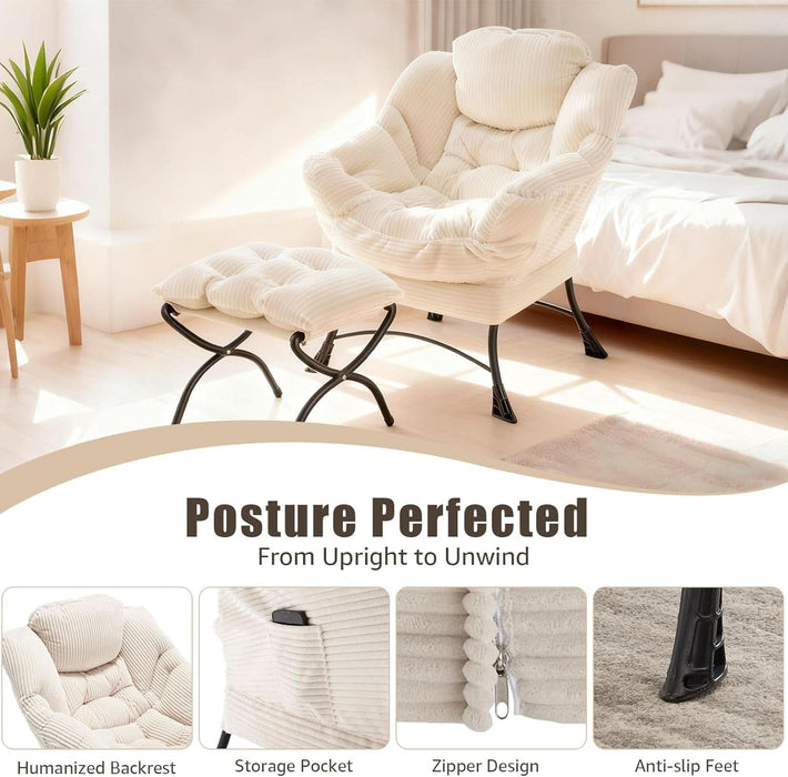 Large Lazy Chair and Ottoman for Adults, Accent Chair Oversized Lounge Armchair with Side Pocket & Footrest, Comfy Reading Chair Leisure Sofa for Bedroom, Living Room, Office (Corduroy, White, Single)