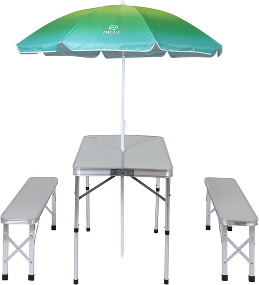 Picnic Table, Folding Picnic Table and Umbrella, Camping Table with 2 Benches and Umbrella, Mesh Net for Backyard, Party, Outdoor, Patio, Lawn