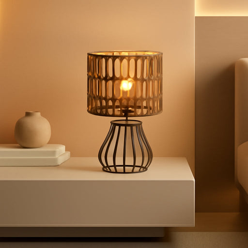 Small Bedside Lamp, Boho Table Lamp with Handwoven Paper Lampshade & Black Metal Base, Rattan Desk Lamp, Modern Nightstand Lamp for Bedroom, Living Room, 2700K LED Bulb Included, HW06TL05