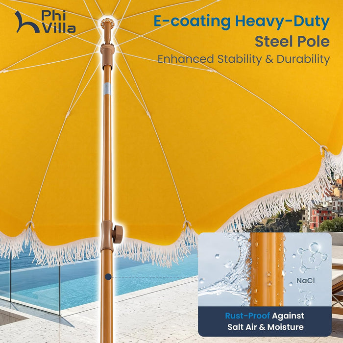 7Ft Fringe Beach Umbrella with Sand Anchor Outdoor Patio, UPF 50+, Yellow