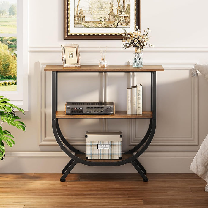 3 Tier Console Table with Storage 30" Height Entryway Table with Open Shelves Industrial Sofa Table behind Couch for Living Room Hallway Entrance (Rustic Brown)