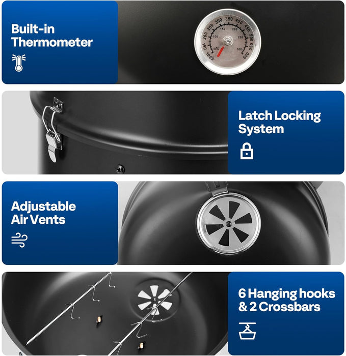 3-In-1 Vertical Charcoal Smoker, BBQ Smoker Grill with Built-In Thermometer, Air Vent, and 2 Access Doors, Idea for Parties, Backyard, Barbecues