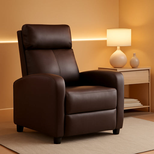 Recliner Chair for Living Room,Leather Single Sofa Furniture Home Theater Chairs Adjustable Modern Reclining Chair,Wooden Legs Armchair with Padded Seat Backrest,Brown