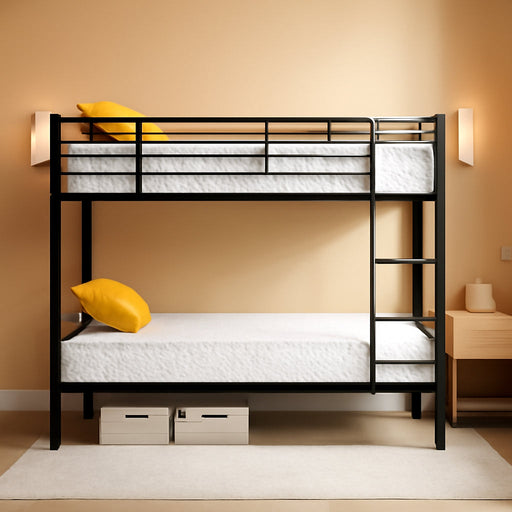 Bunk Bed Twin over Twin for Kids/Teens/Adults Heavy Duty Bunk Bed with Flat Ladder and 13 Inches High Guardrail, Metal Bunk Bed with Stairs, Black