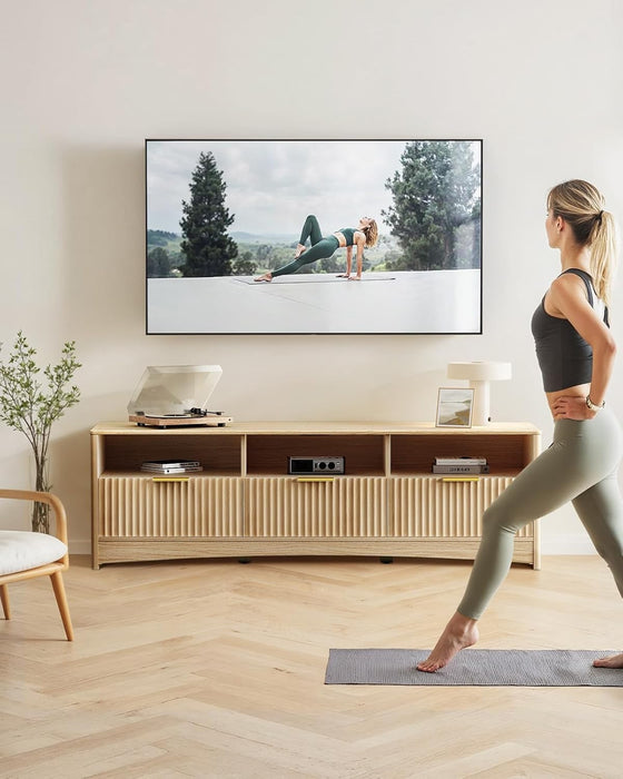 59″ Wide TV Stand for Tvs up to 65″, Modern Entertainment Center with Fluted Panels, 3 Easy-Sliding Drawers, Open Shelves & Cable Hole, 3-Tier TV Stands for Living Room & Bedroom, Natural Oak