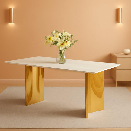 Modern Dining Table for 8,White Marble Dining Table with Golden Stainless Steel Base,71'' Gold Dining Table Ideal for Kitchen Dining Room