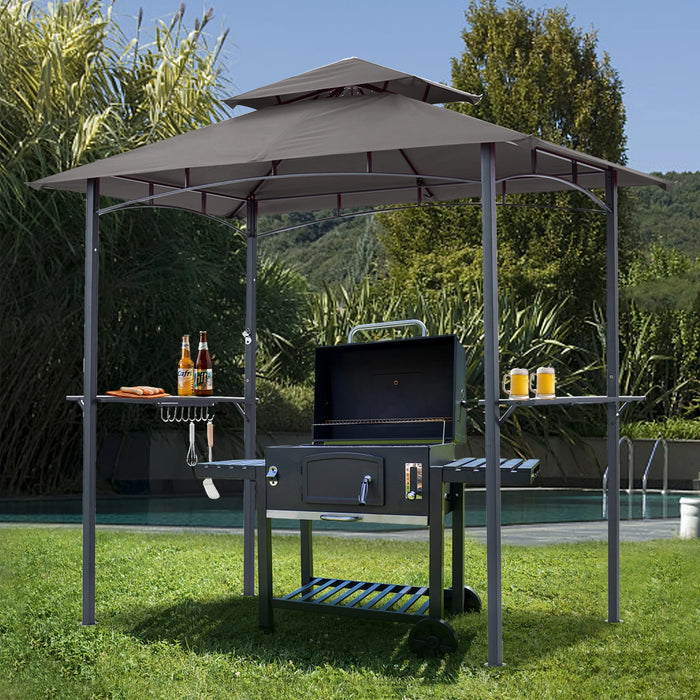 8'X 5' Grill Gazebo Shelter, Double Tier Outdoor BBQ Gazebo Canopy with LED Light(Gray)