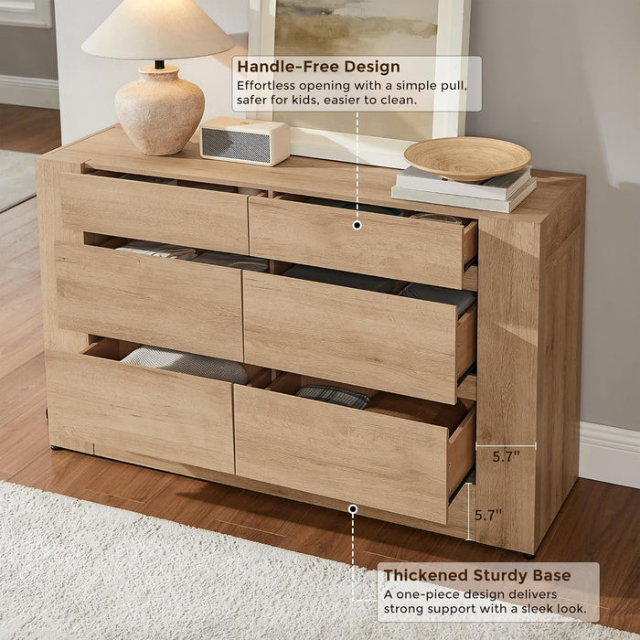 6 Drawer Dresser for Bedroom, 54" Wide Chest of Drawers with Thick Wood Design, Handleless, Modern Bedroom Dresser, Storage Organizer for Living Room/Entryway/Hallway, Natural Oak