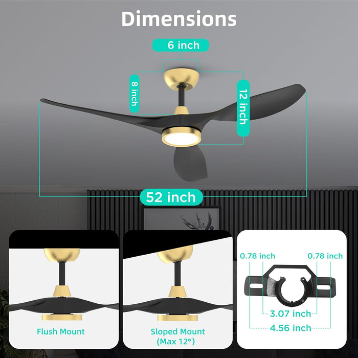 Ceiling Fans with Lights and Remote, 52 Inch Large Airflow Indoor Ceiling Fans with Quiet DC Motor and 3 Colour Temperature Black Noiseless Attractive Design (Black-Gold)