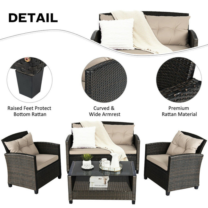 4 Pieces Outdoor Rattan Furniture Set with Glass Table